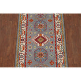 Gray Geometric Kazak Runner Rug Handmade Hallway Wool Carpet - 2'7" x 9'9"