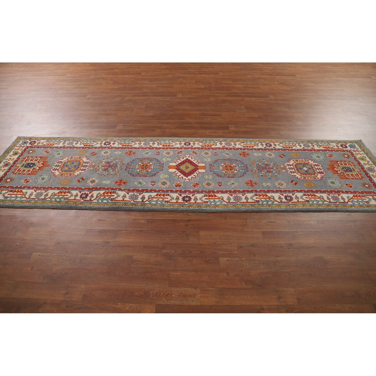 Gray Geometric Kazak Runner Rug Handmade Hallway Wool Carpet - 2'7" x 9'9"