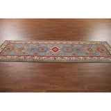 Gray Geometric Kazak Runner Rug Handmade Hallway Wool Carpet - 2'7" x 9'9"