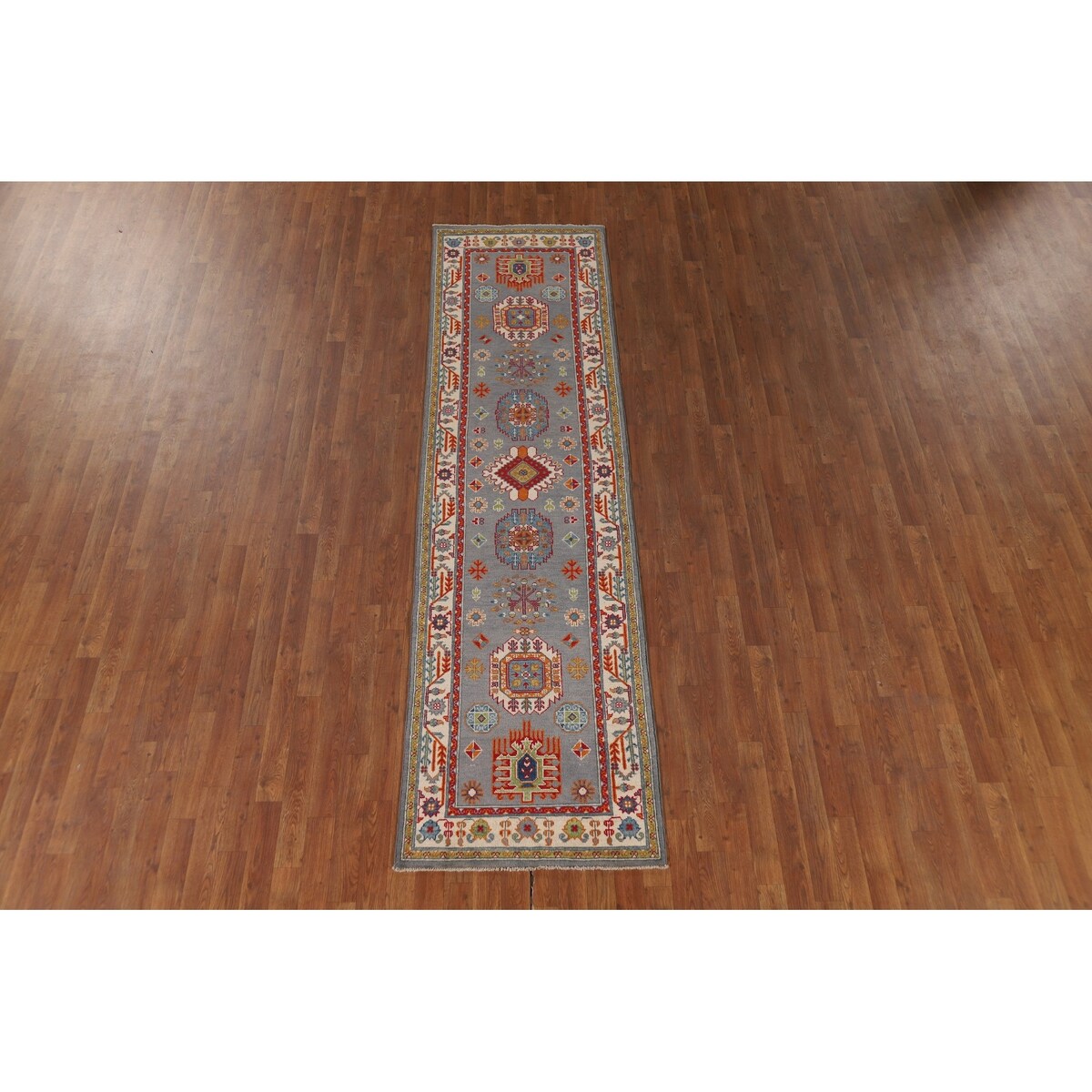 Gray Geometric Kazak Runner Rug Handmade Hallway Wool Carpet - 2'7" x 9'9"