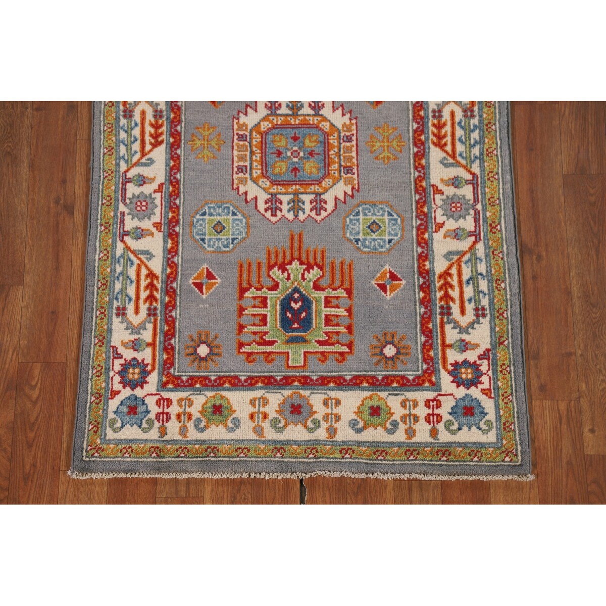 Gray Geometric Kazak Runner Rug Handmade Hallway Wool Carpet - 2'7" x 9'9"