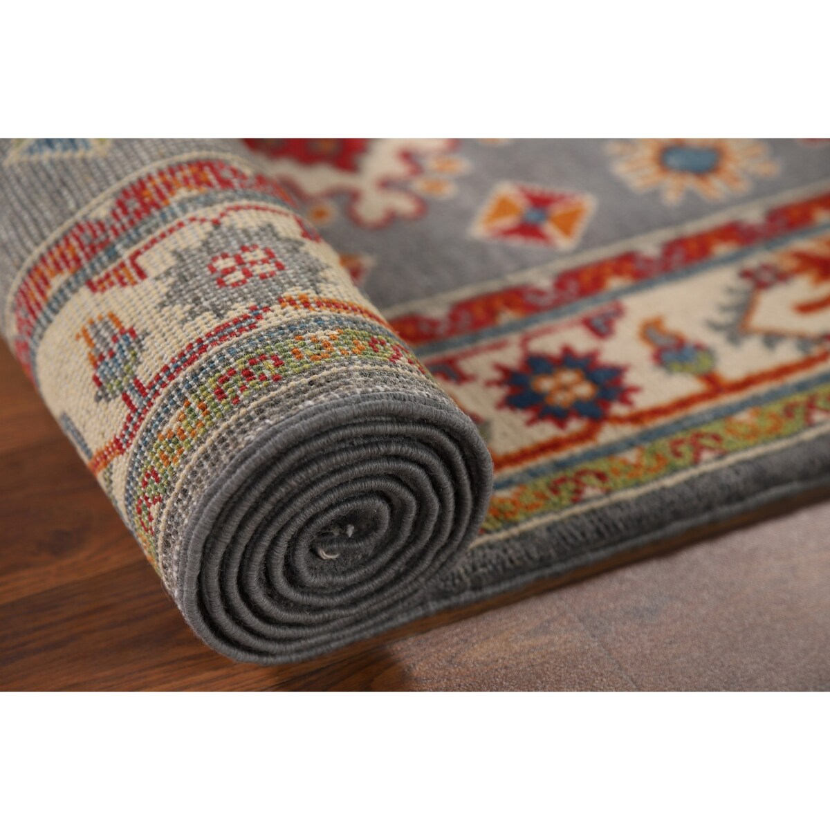 Gray Geometric Kazak Runner Rug Handmade Hallway Wool Carpet - 2'7" x 9'9"