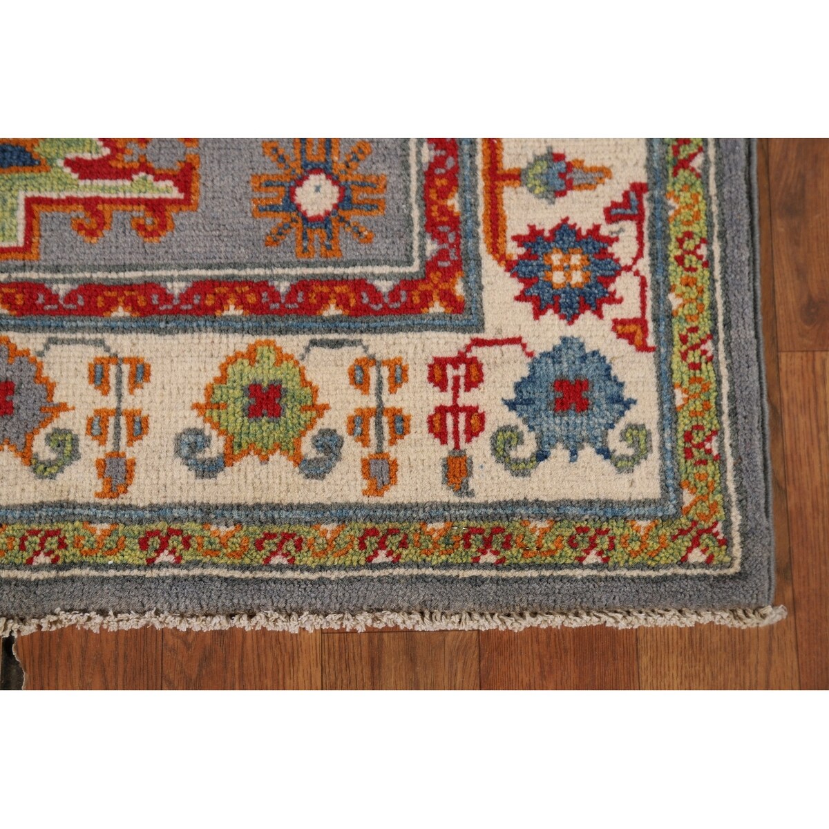 Gray Geometric Kazak Runner Rug Handmade Hallway Wool Carpet - 2'7" x 9'9"