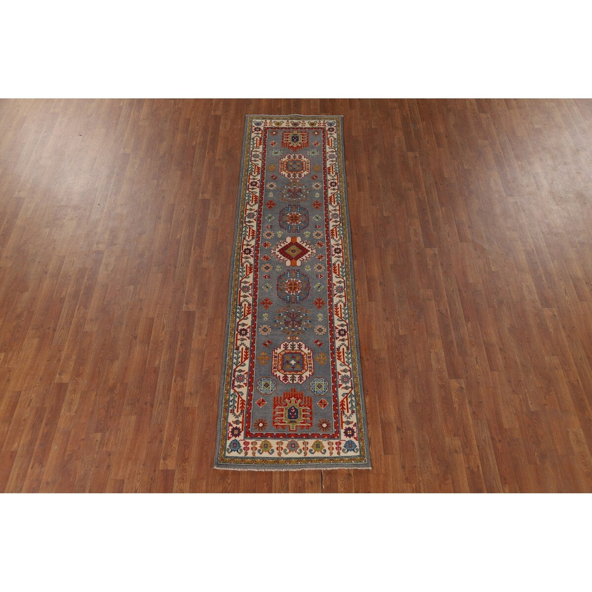 Gray Geometric Kazak Runner Rug Handmade Hallway Wool Carpet - 2'7" x 9'9"