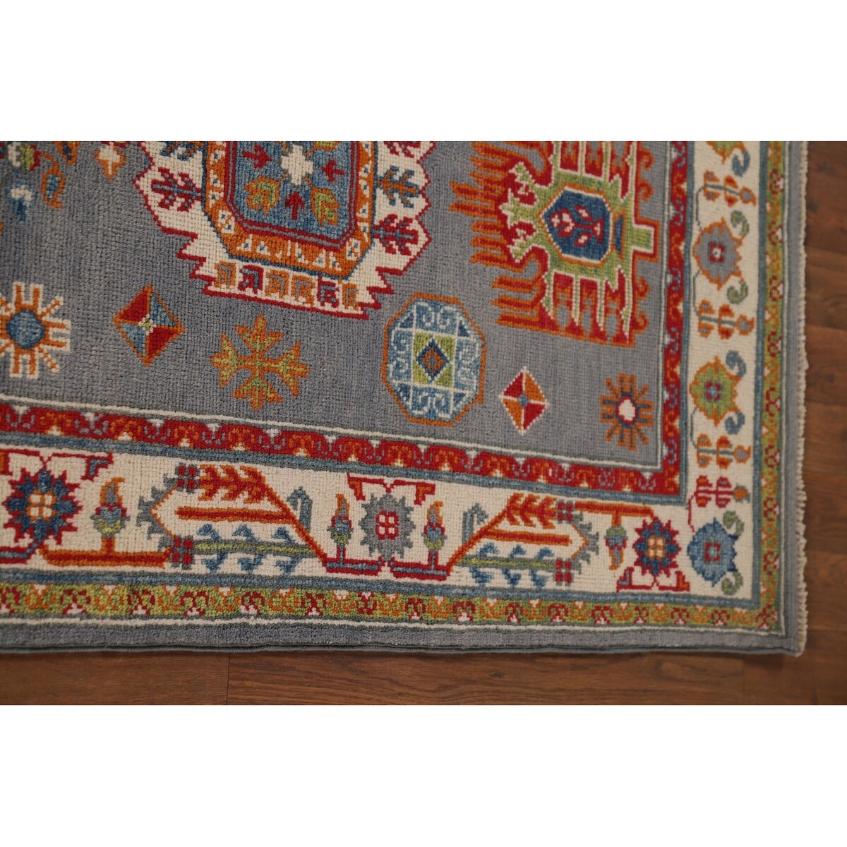Gray Geometric Kazak Runner Rug Handmade Hallway Wool Carpet - 2'7" x 9'9"