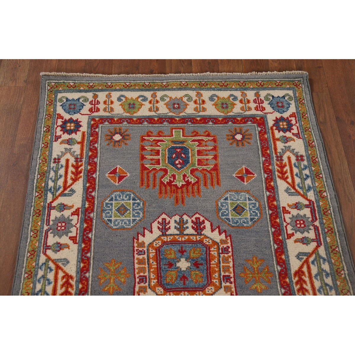 Gray Geometric Kazak Runner Rug Handmade Hallway Wool Carpet - 2'7" x 9'9"