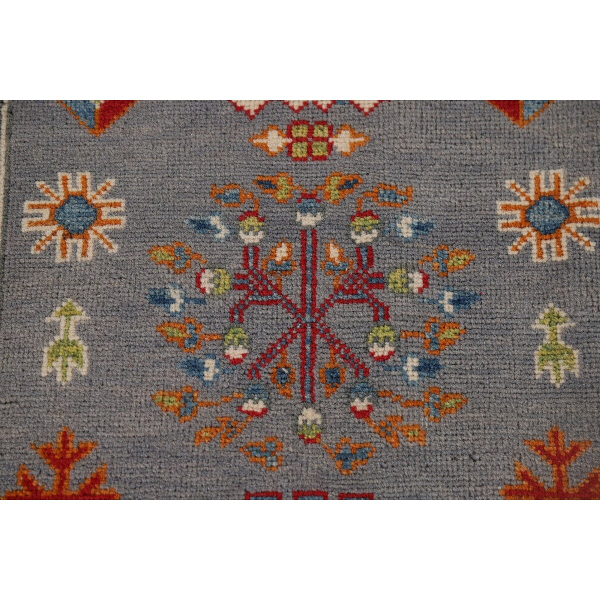 Gray Geometric Kazak Runner Rug Handmade Hallway Wool Carpet - 2'7" x 9'9"