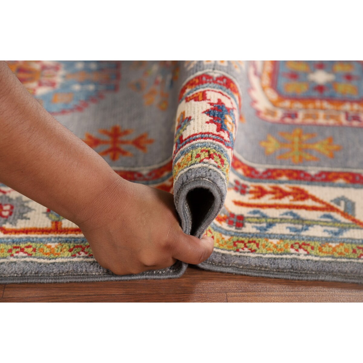 Gray Geometric Kazak Runner Rug Handmade Hallway Wool Carpet - 2'7" x 9'9"