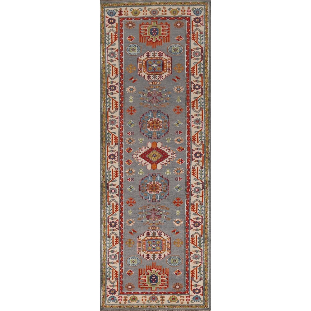 Gray Geometric Kazak Runner Rug Handmade Hallway Wool Carpet - 2'7" x 9'9"