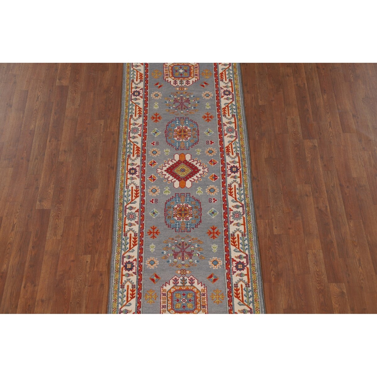 Gray Geometric Kazak Runner Rug Handmade Hallway Wool Carpet - 2'7" x 9'9"
