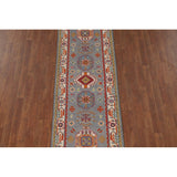 Gray Geometric Kazak Runner Rug Handmade Hallway Wool Carpet - 2'7" x 9'9"