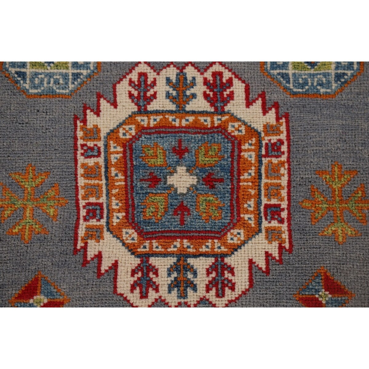 Gray Geometric Kazak Runner Rug Handmade Hallway Wool Carpet - 2'7" x 9'9"