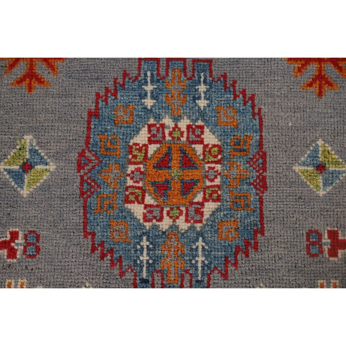 Gray Geometric Kazak Runner Rug Handmade Hallway Wool Carpet - 2'7" x 9'9"