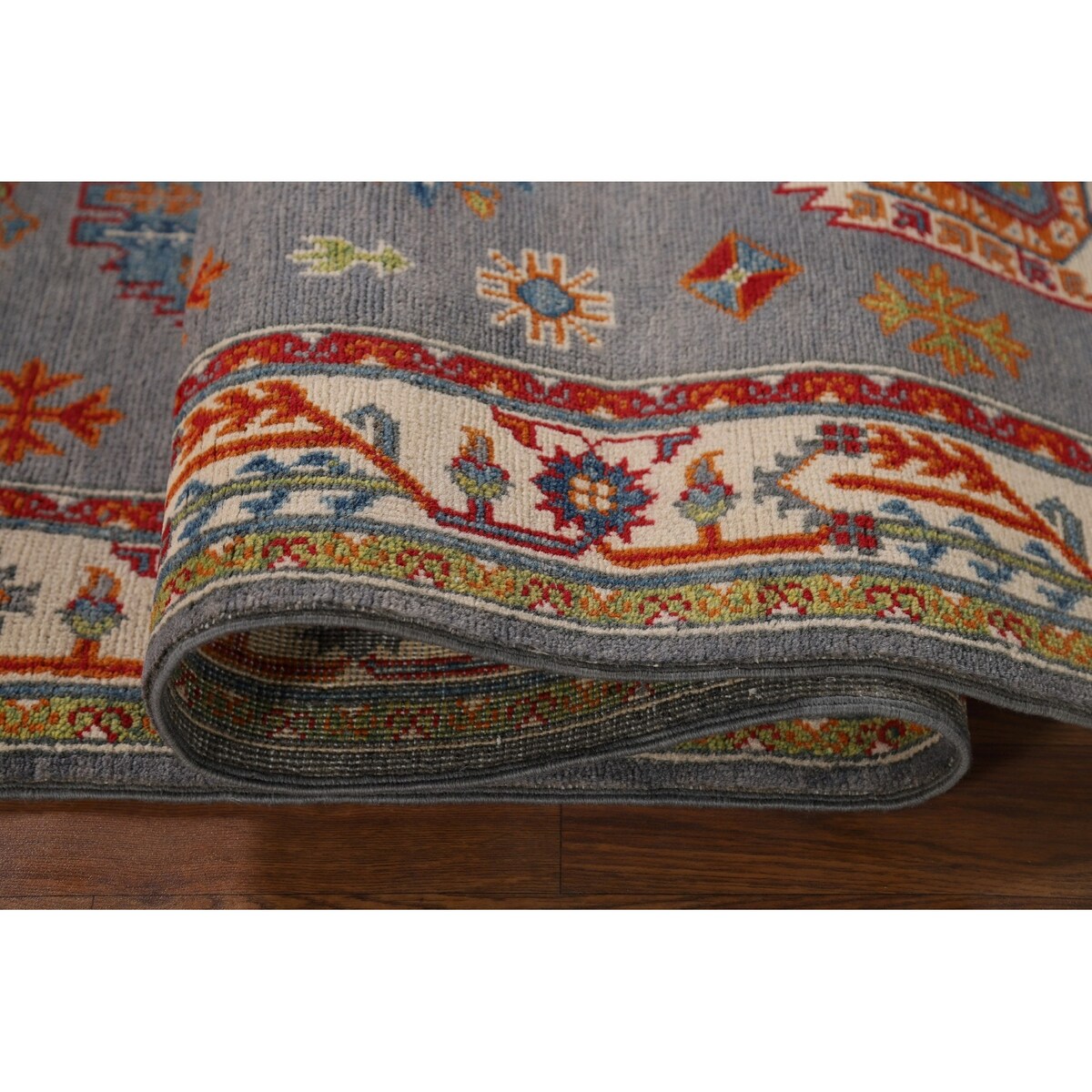 Gray Geometric Kazak Runner Rug Handmade Hallway Wool Carpet - 2'7" x 9'9"