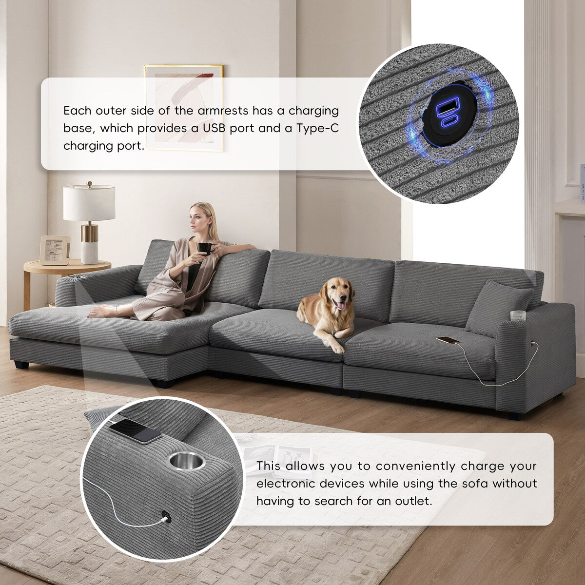 L shaped couch with usb ports sales