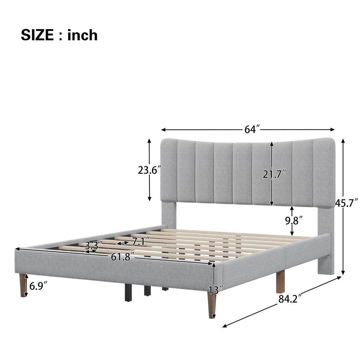 Gray Linen Platform Bed, Channel Tufted
