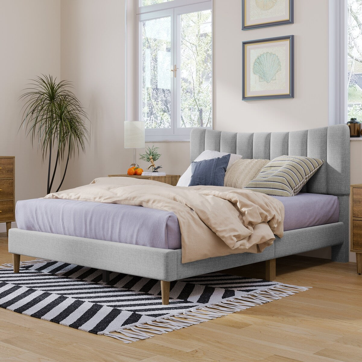 Gray Linen Platform Bed, Channel Tufted