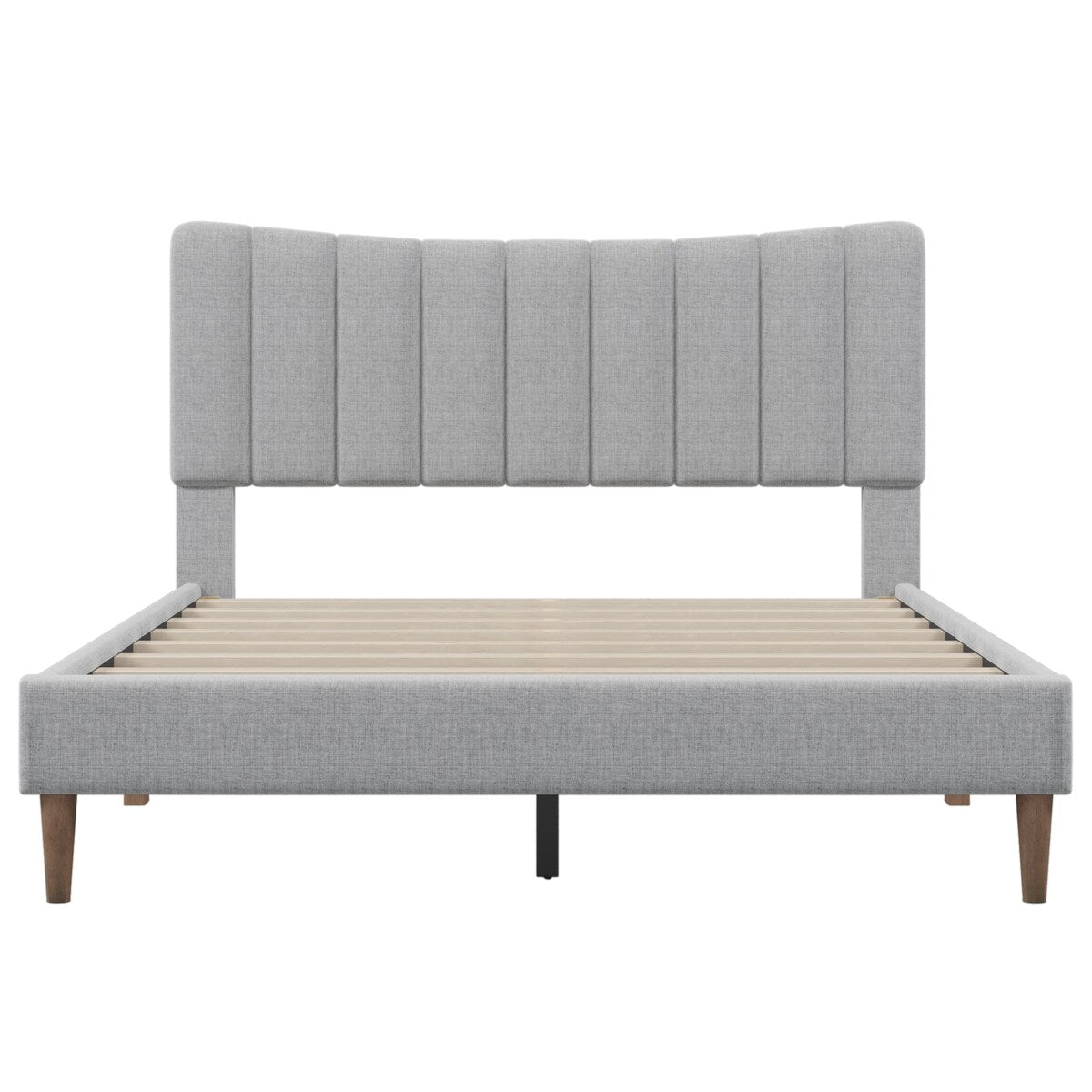 Gray Linen Platform Bed, Channel Tufted