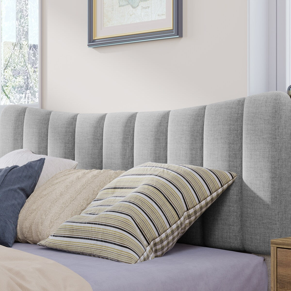 Gray Linen Platform Bed, Channel Tufted