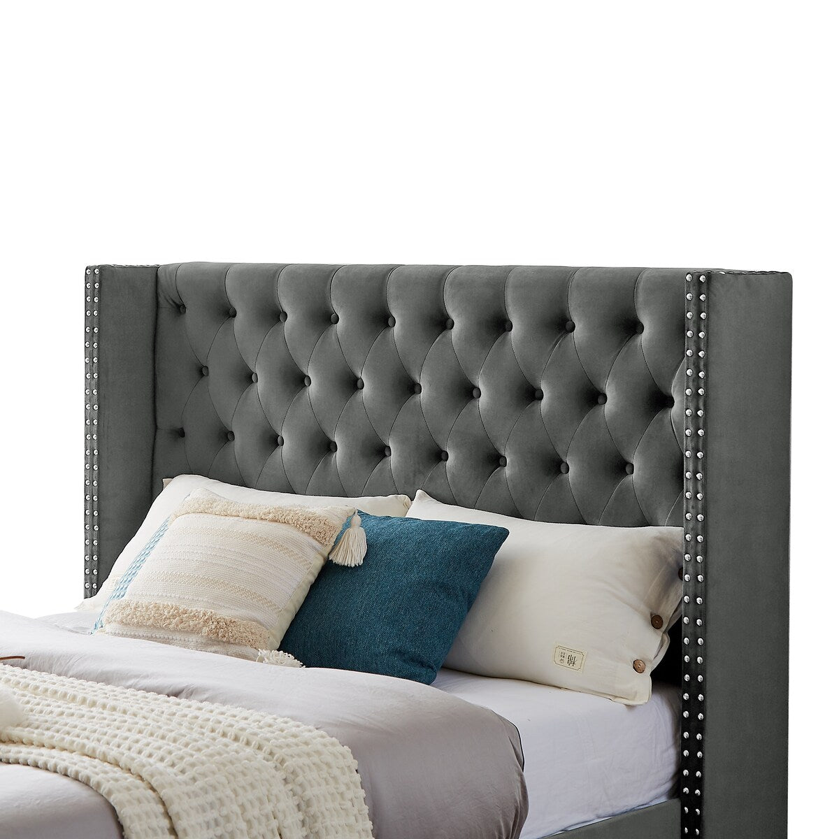Gray Modern Velvet Upholstered Bed, Button-Designed Headboard, Queen