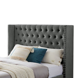 Gray Modern Velvet Upholstered Bed, Button-Designed Headboard, Queen
