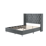 Gray Modern Velvet Upholstered Bed, Button-Designed Headboard, Queen