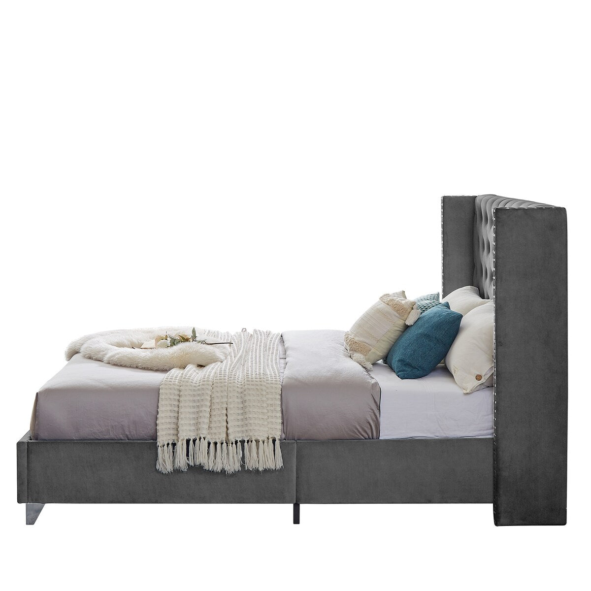 Gray Modern Velvet Upholstered Bed, Button-Designed Headboard, Queen