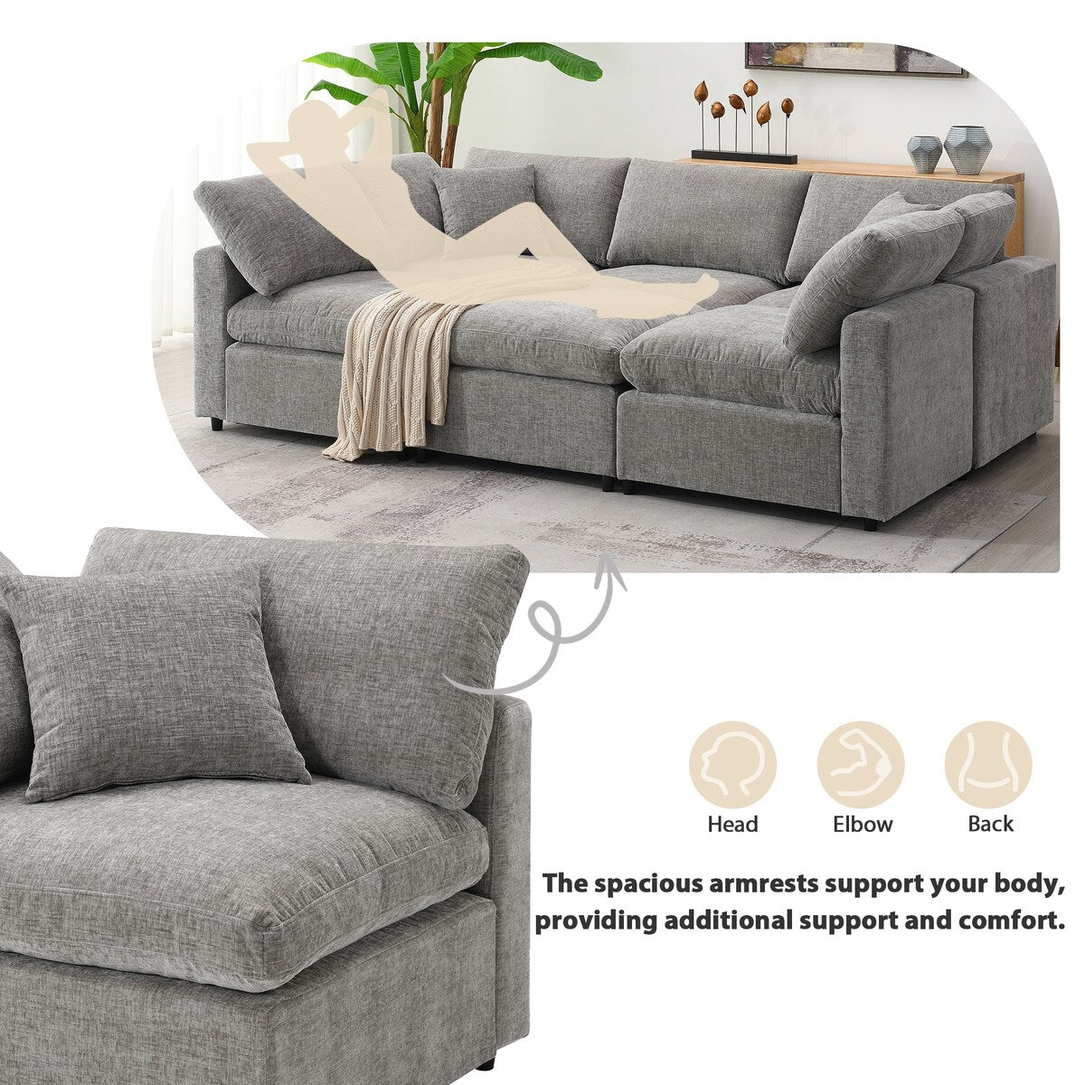 Gray Modular Sectional Sofa Bed with Ottoman, Convertible U-Shape