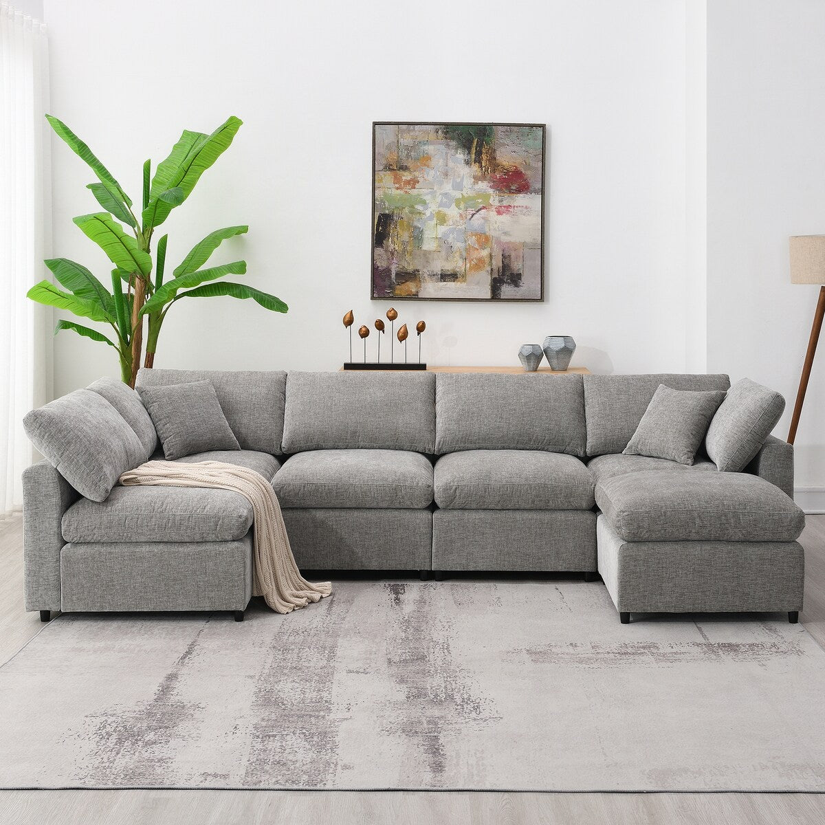 Gray Modular Sectional Sofa Bed with Ottoman, Convertible U-Shape