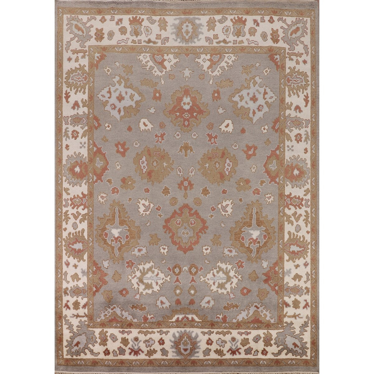 Gray Oushak Indian Area Rug Handmade Geometric Wool Carpet - 8'4"x 9'10"