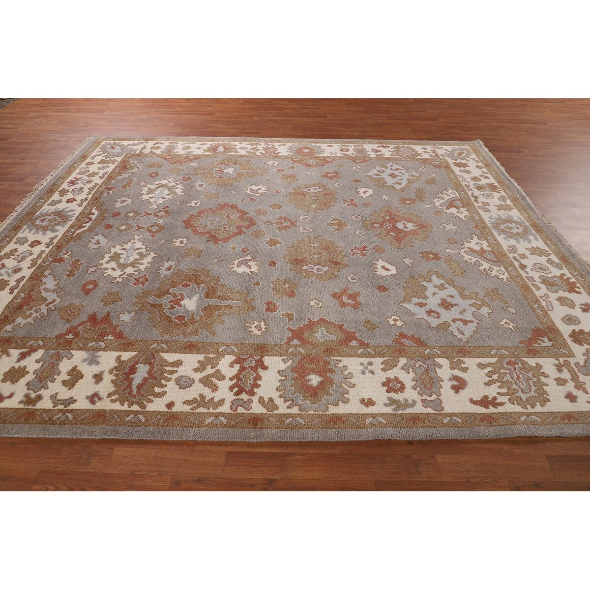 Gray Oushak Indian Area Rug Handmade Geometric Wool Carpet - 8'4"x 9'10"