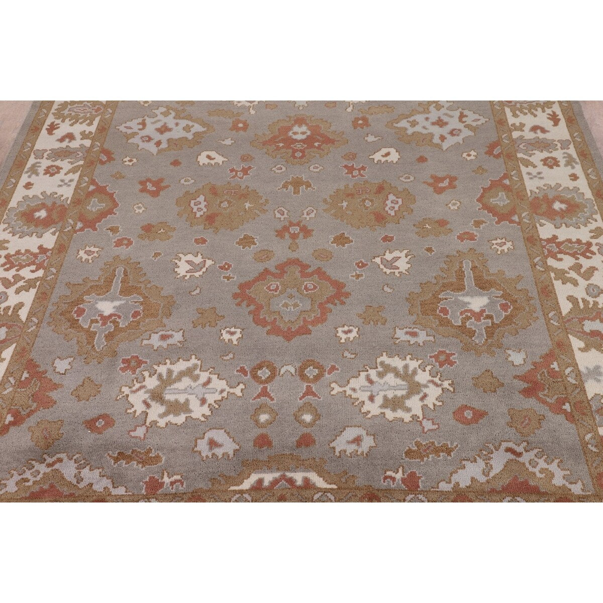 Gray Oushak Indian Area Rug Handmade Geometric Wool Carpet - 8'4"x 9'10"