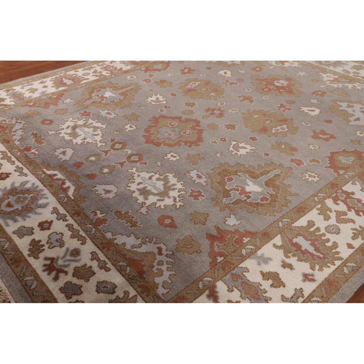 Gray Oushak Indian Area Rug Handmade Geometric Wool Carpet - 8'4"x 9'10"