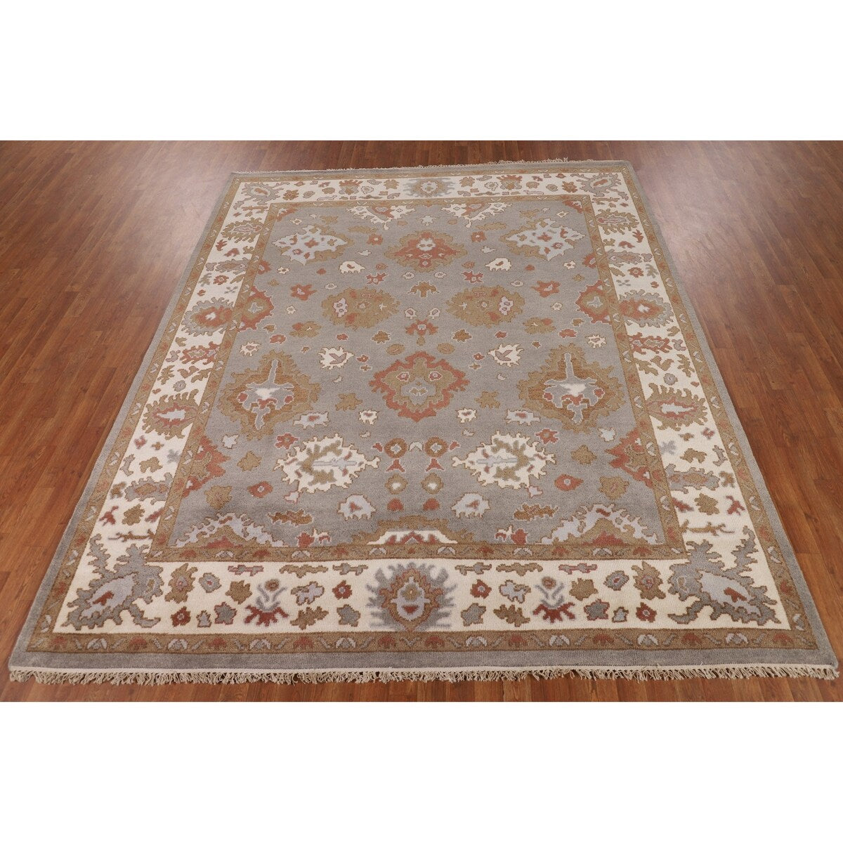 Gray Oushak Indian Area Rug Handmade Geometric Wool Carpet - 8'4"x 9'10"