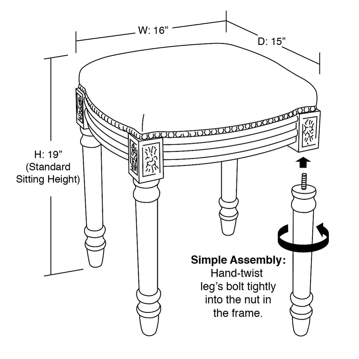 Gray Peony Vanity Stool with antique white finish