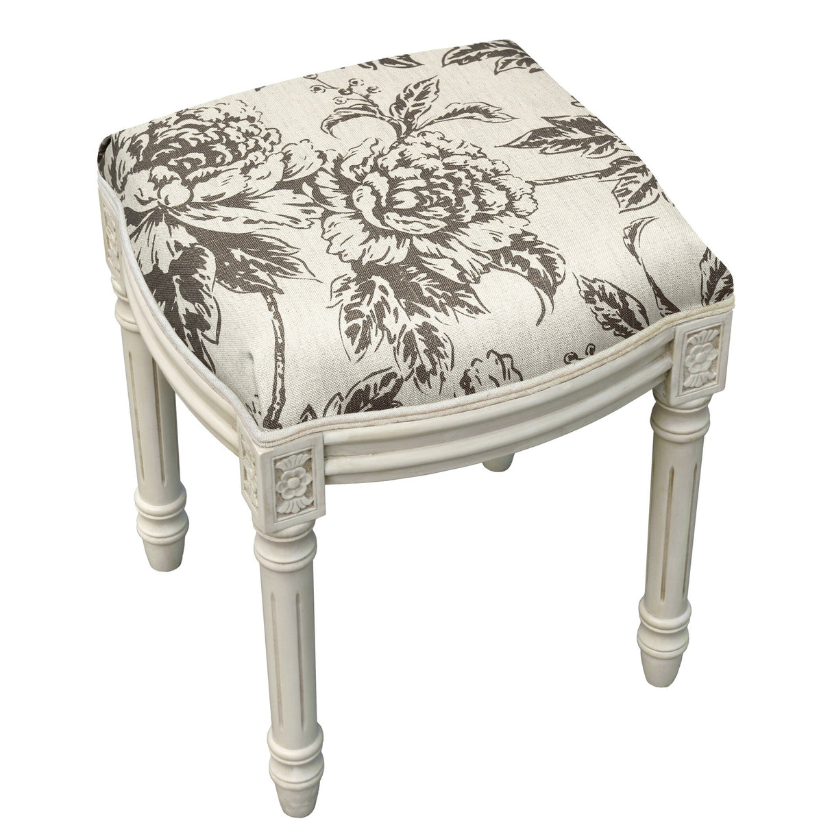 Gray Peony Vanity Stool with antique white finish