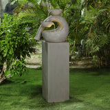 Gray Resin Modern Sculpture Pedestal Outdoor Fountain with LED Light