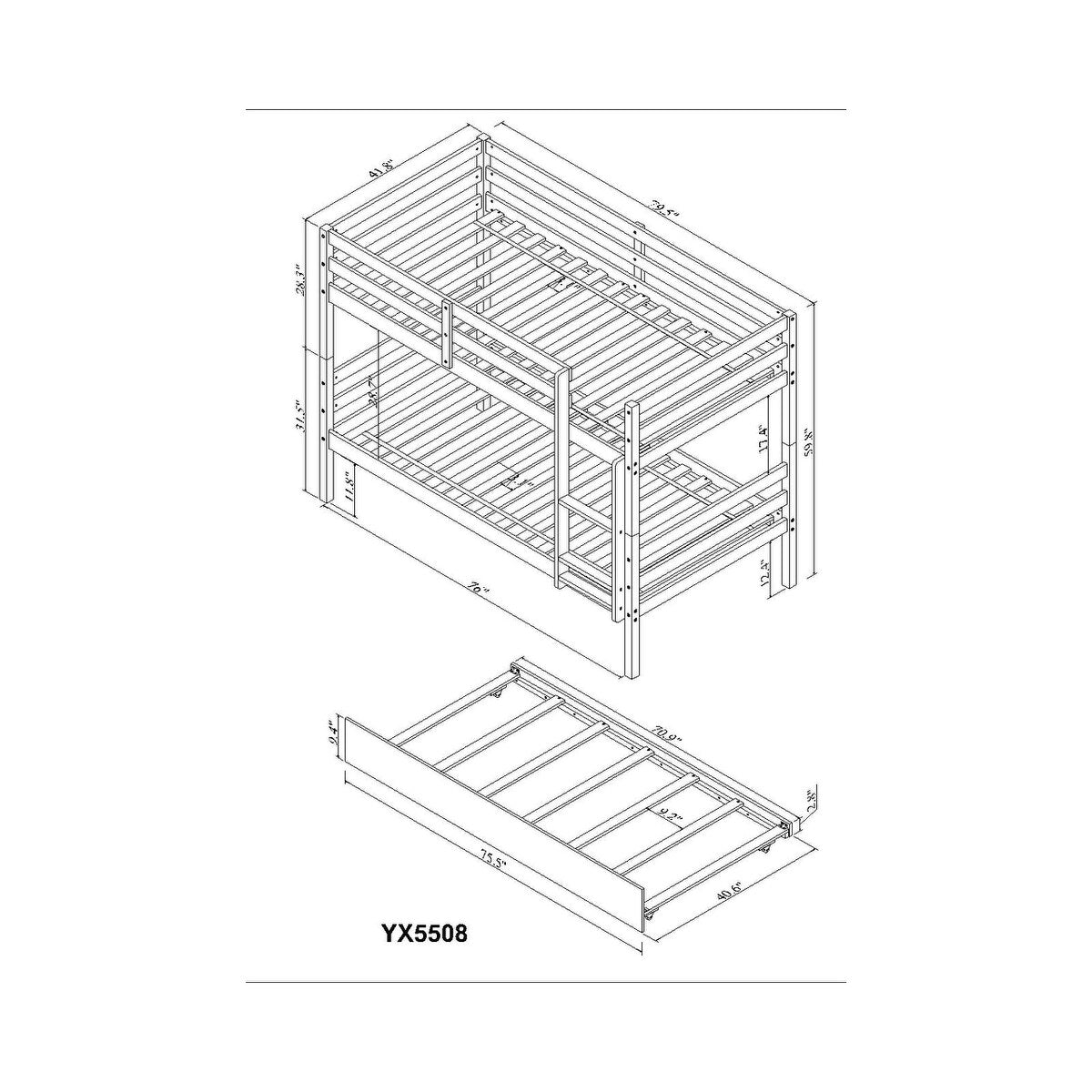 Gray Simple Separable Twin over Twin Wood Bunk Bed with Trundle, Total 3 Twin Beds