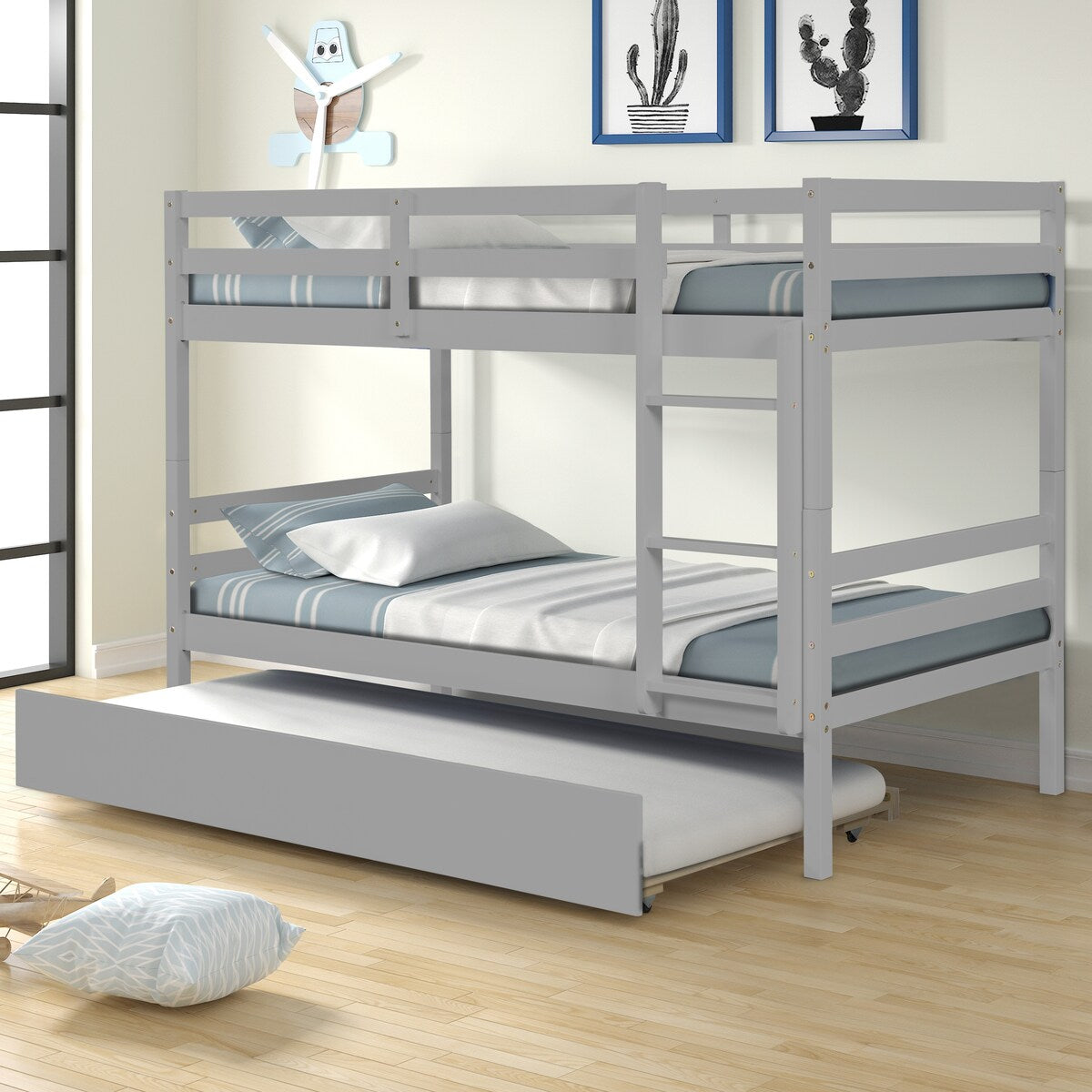Gray Simple Separable Twin over Twin Wood Bunk Bed with Trundle, Total 3 Twin Beds
