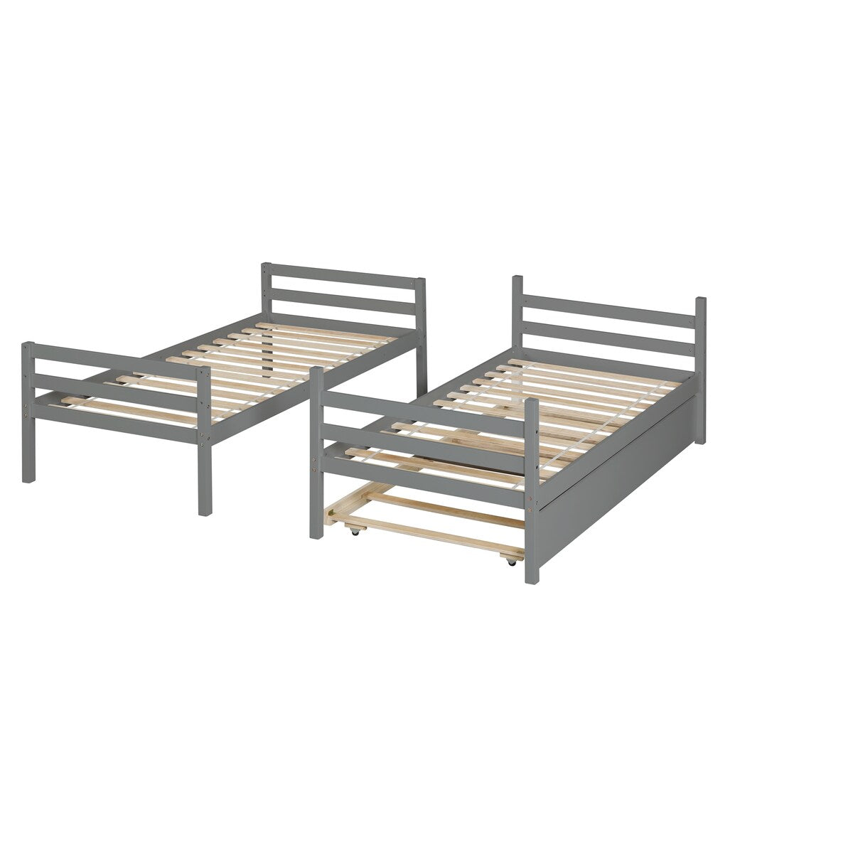 Gray Simple Separable Twin over Twin Wood Bunk Bed with Trundle, Total 3 Twin Beds