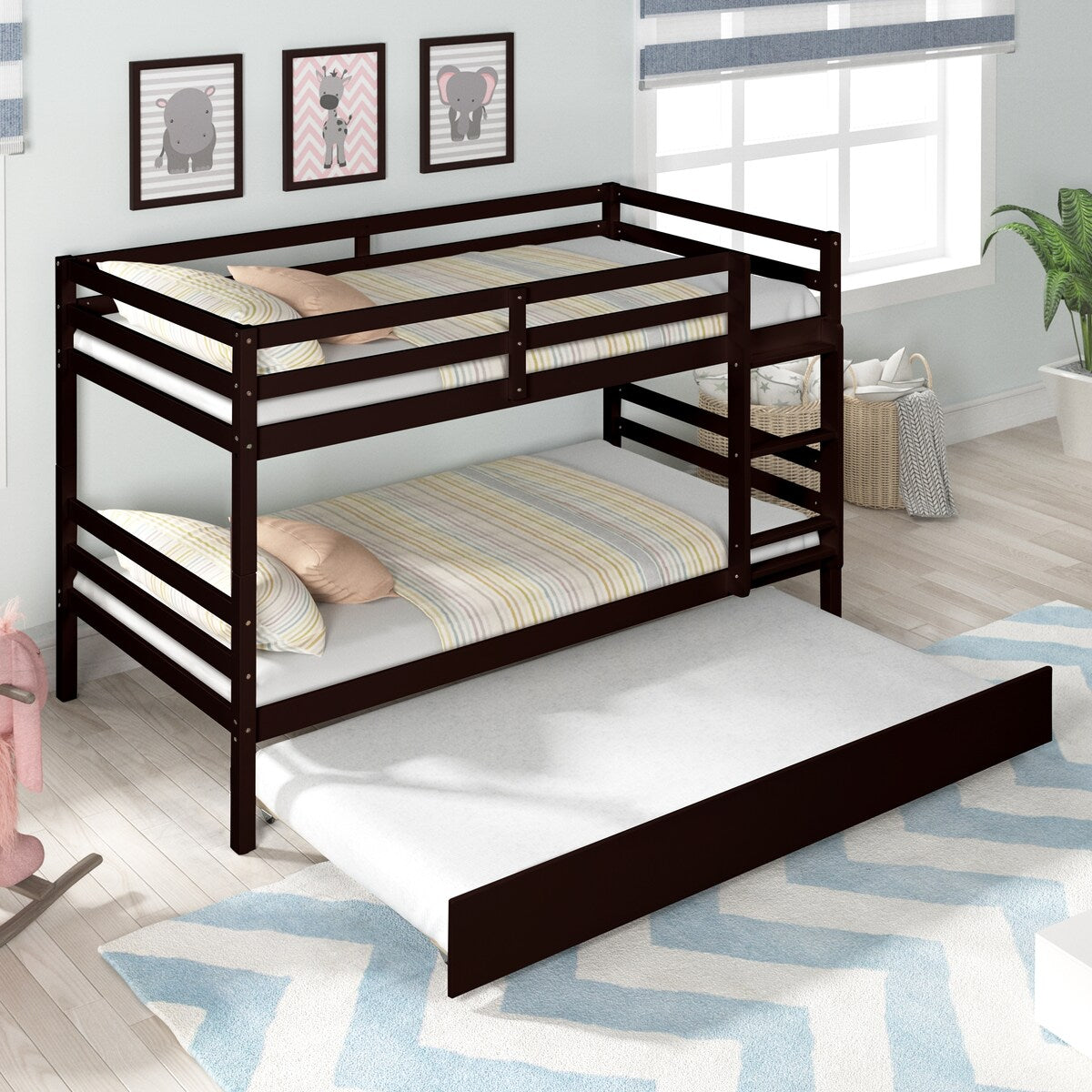 Gray Simple Separable Twin over Twin Wood Bunk Bed with Trundle, Total 3 Twin Beds