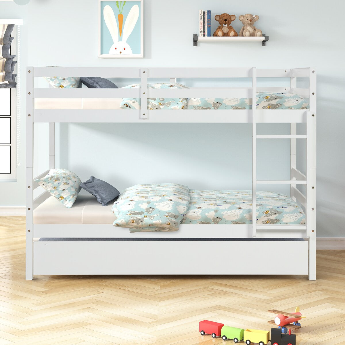 Gray Simple Separable Twin over Twin Wood Bunk Bed with Trundle, Total 3 Twin Beds