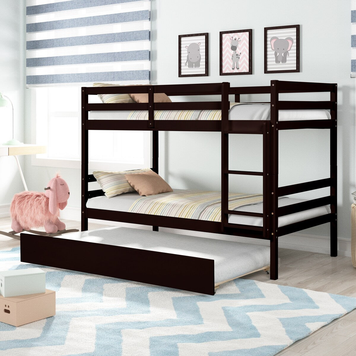 Gray Simple Separable Twin over Twin Wood Bunk Bed with Trundle, Total 3 Twin Beds