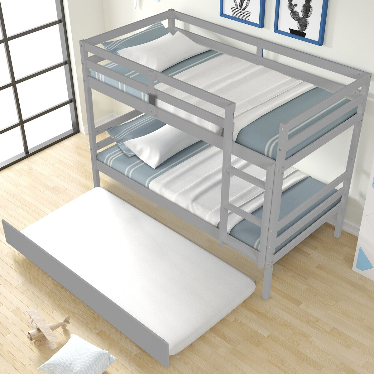 Gray Simple Separable Twin over Twin Wood Bunk Bed with Trundle, Total 3 Twin Beds