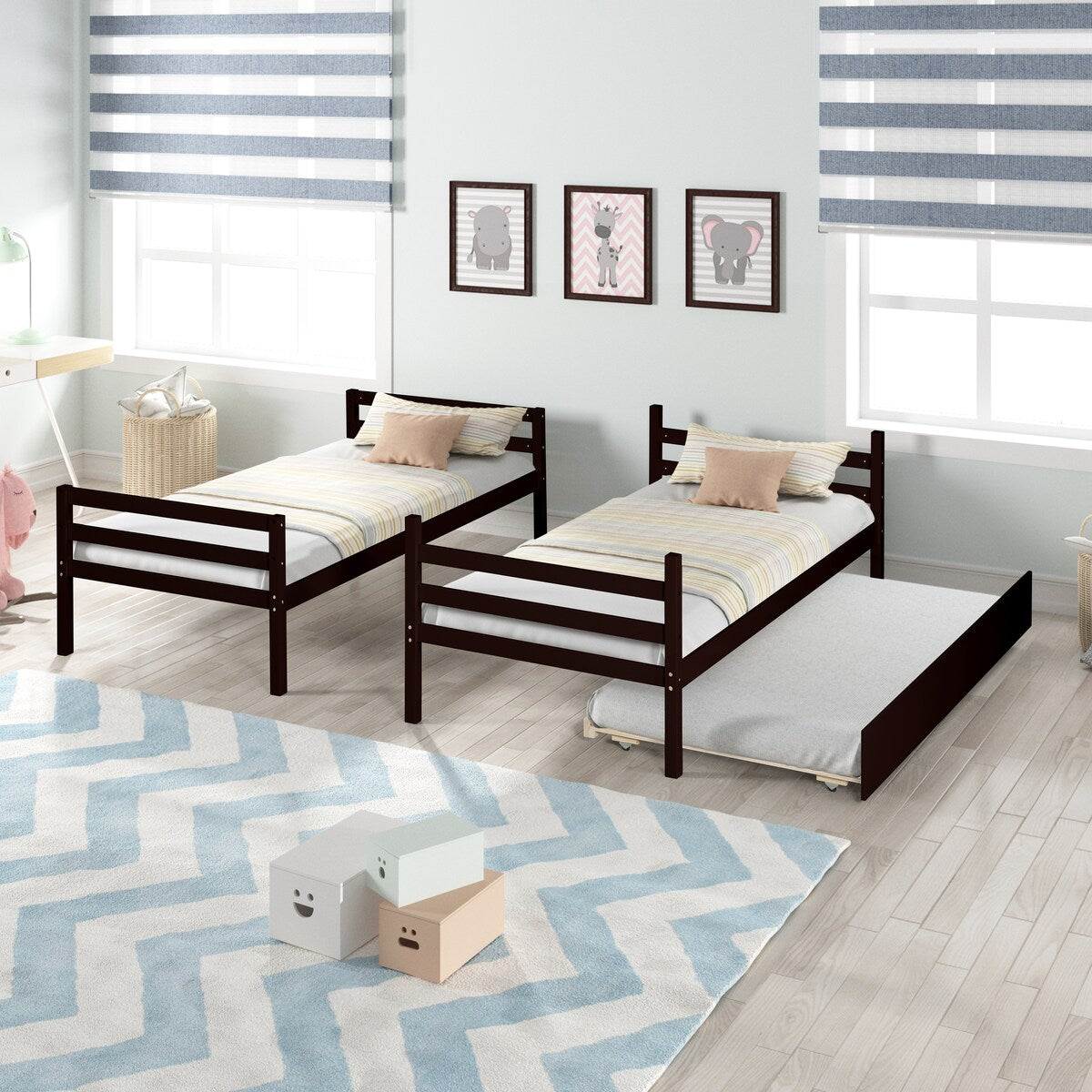 Gray Simple Separable Twin over Twin Wood Bunk Bed with Trundle, Total 3 Twin Beds
