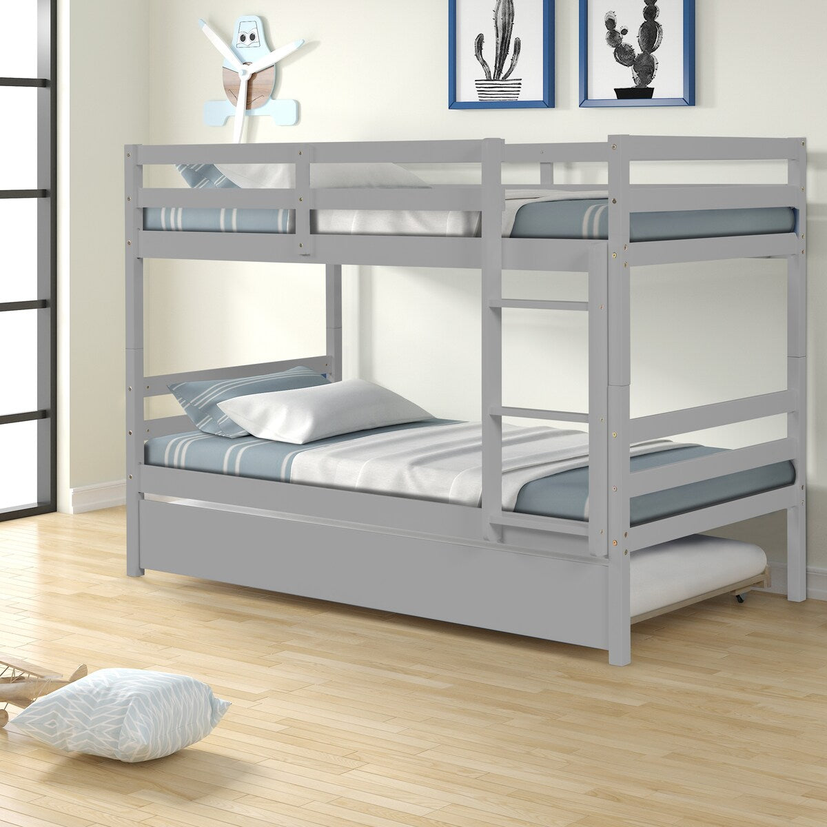 Gray Simple Separable Twin over Twin Wood Bunk Bed with Trundle, Total 3 Twin Beds