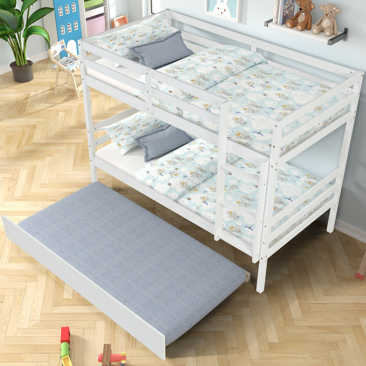 Gray Simple Separable Twin over Twin Wood Bunk Bed with Trundle, Total 3 Twin Beds