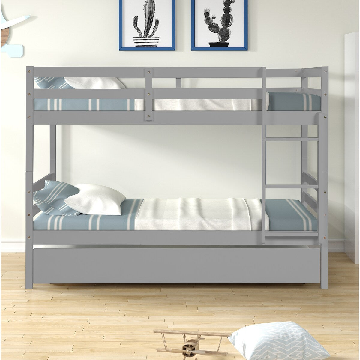 Gray Simple Separable Twin over Twin Wood Bunk Bed with Trundle, Total 3 Twin Beds