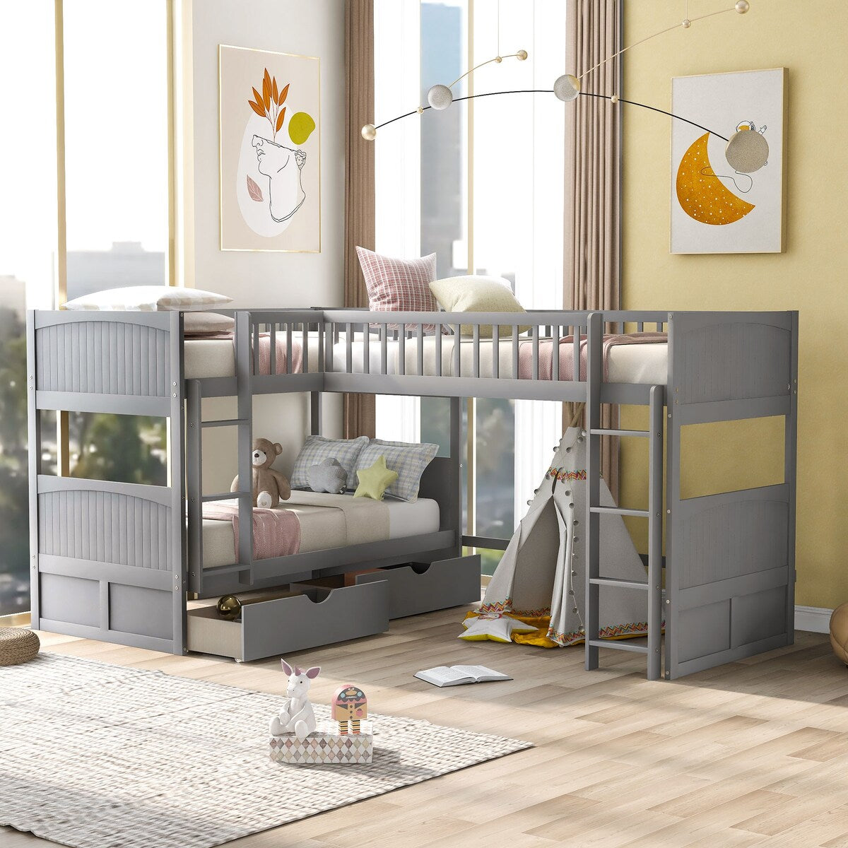 Gray Twin Size Wood Bunk Bed with 1 Loft Bed attached and 2 Drawers T Overstock