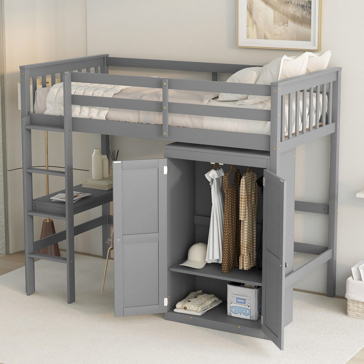 Gray Twin Size Wood Loft Bed with Desk and Wardrobe